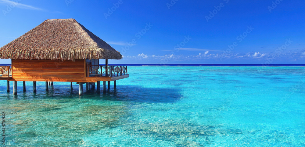 A charming thatched-roof hut stands on stilts, surrounded by crystal-clear turquoise waters and a vivid sky, embodying tropical tranquility A charming thatched-roof hut stands on stilts, surrounded by crystal-clear turquoise waters and a vivid sky, embodying tropical tranquility