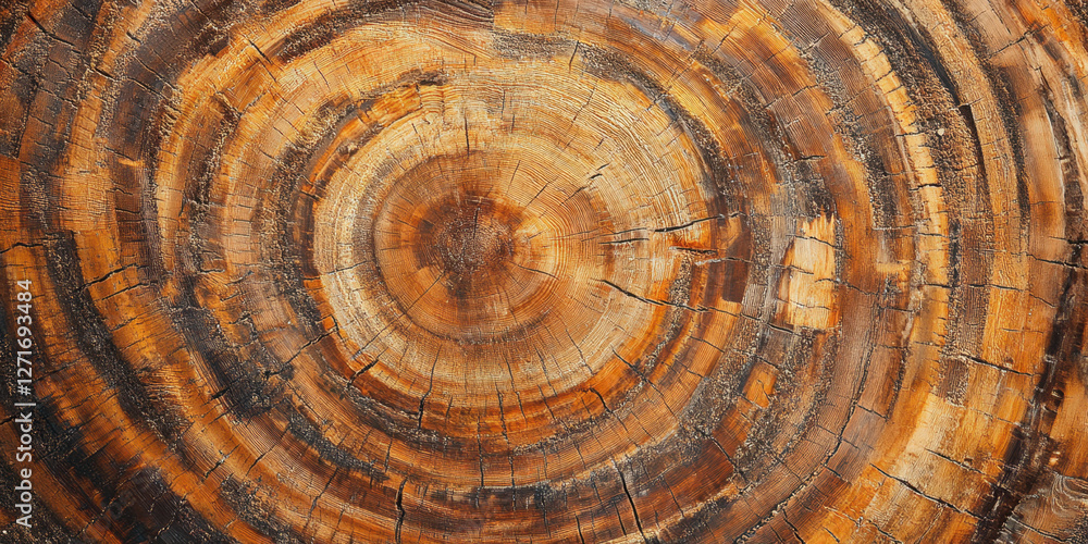 Fototapeta premium Close-up view captures the intricate patterns of cut tree rings, highlighting the unique textures and colors in the wood