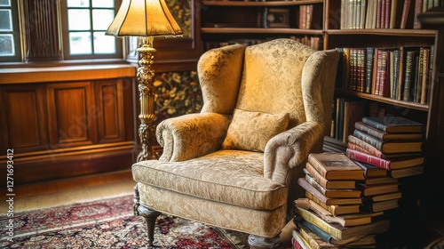 A classic wingback chair in a reading nook with a warm floor lamp and stacked books.