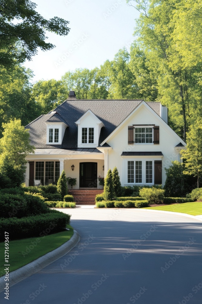 Charming suburban house surrounded by lush greenery during a sunny day with clear skies and a neatly paved driveway inviting visitors Charming suburban house surrounded by lush greenery during a sunny day with clear skies and a neatly paved driveway inviting visitors
