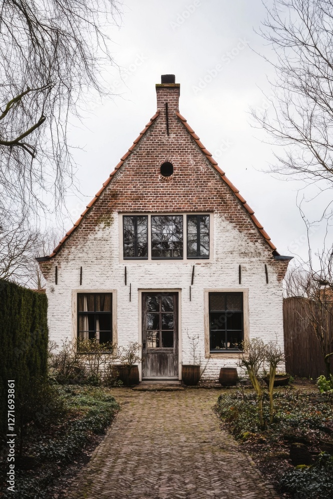 Obraz premium Charming vintage house with tall windows and a triangular roof located in a tranquil garden setting during an overcast afternoon