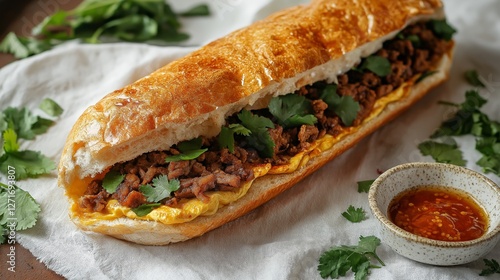 Roti John sandwich with spiced minced meat and omelet served with chili sauce and fresh cilantro on a soft linen cloth during Ramadan iftar photo