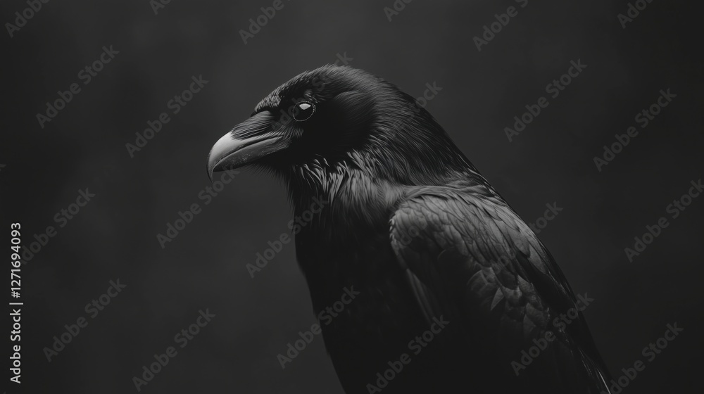 A close-up of a black raven with a sharp beak and intense gaze against a dark background. A close-up of a black raven with a sharp beak and intense gaze against a dark background.