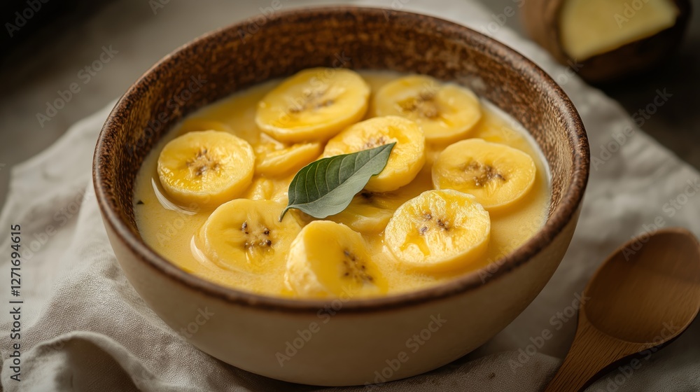 Warm Kolak served in a rustic ceramic bowl featuring tender banana slices and sweet potatoes, perfect for iftar during the holy month of Ramadan Warm Kolak served in a rustic ceramic bowl featuring tender banana slices and sweet potatoes, perfect for iftar during the holy month of Ramadan