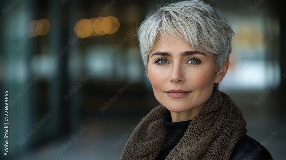 Stylish Middle-aged Woman with Short Gray Hair, Smiling Portrait Stylish Middle-aged Woman with Short Gray Hair, Smiling Portrait
