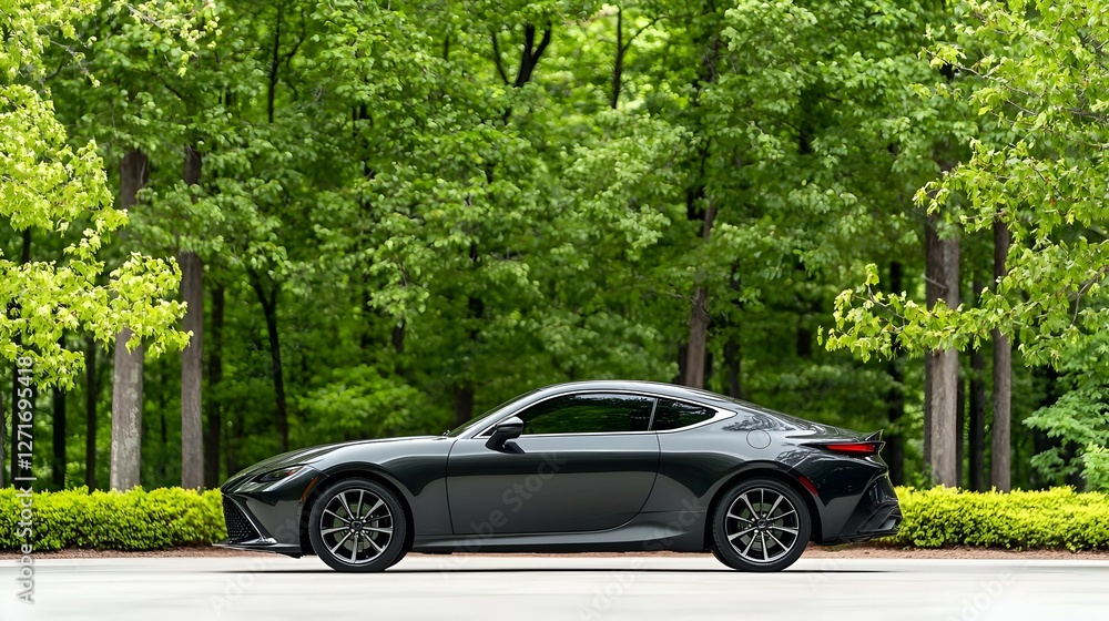 Sleek Black Coupe Parked Amidst Lush Green Foliage Sleek Black Coupe Parked Amidst Lush Green Foliage