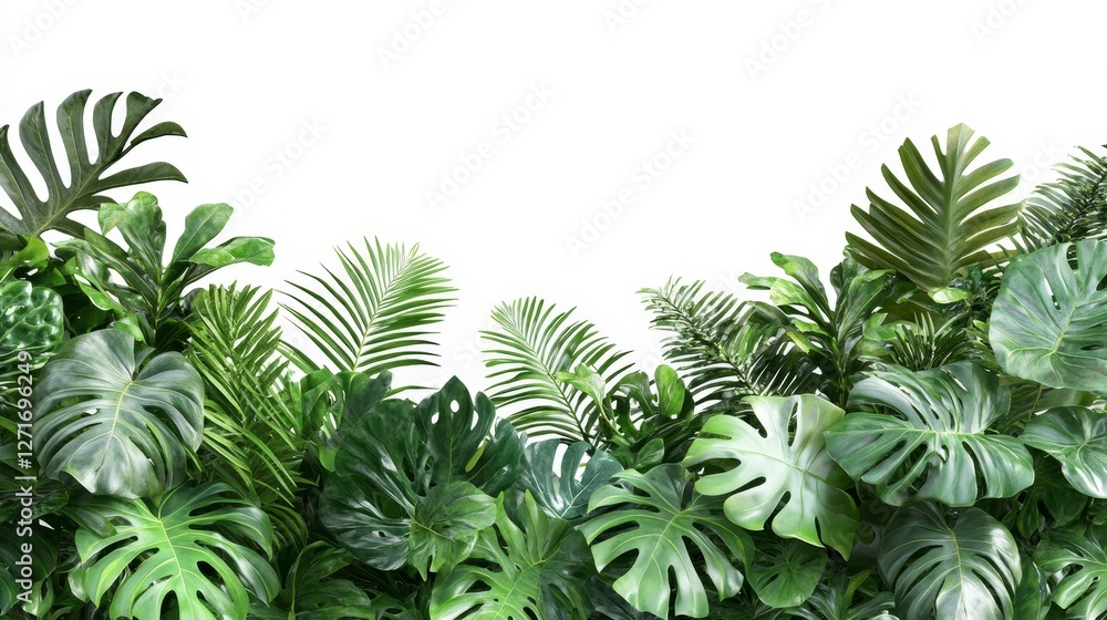 Fototapeta premium Vertical lush green tropical plants arrangement includes monstera, palm, rubber plant, pine and fern, isolated on white