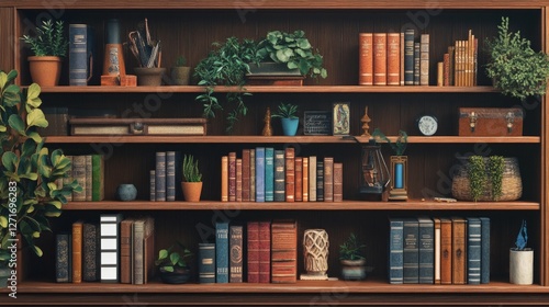 A Stunning Wooden Bookshelf Displaying Vintage Books and Plants. An Elegant Home Decor Piece with a Cozy Ambiance.