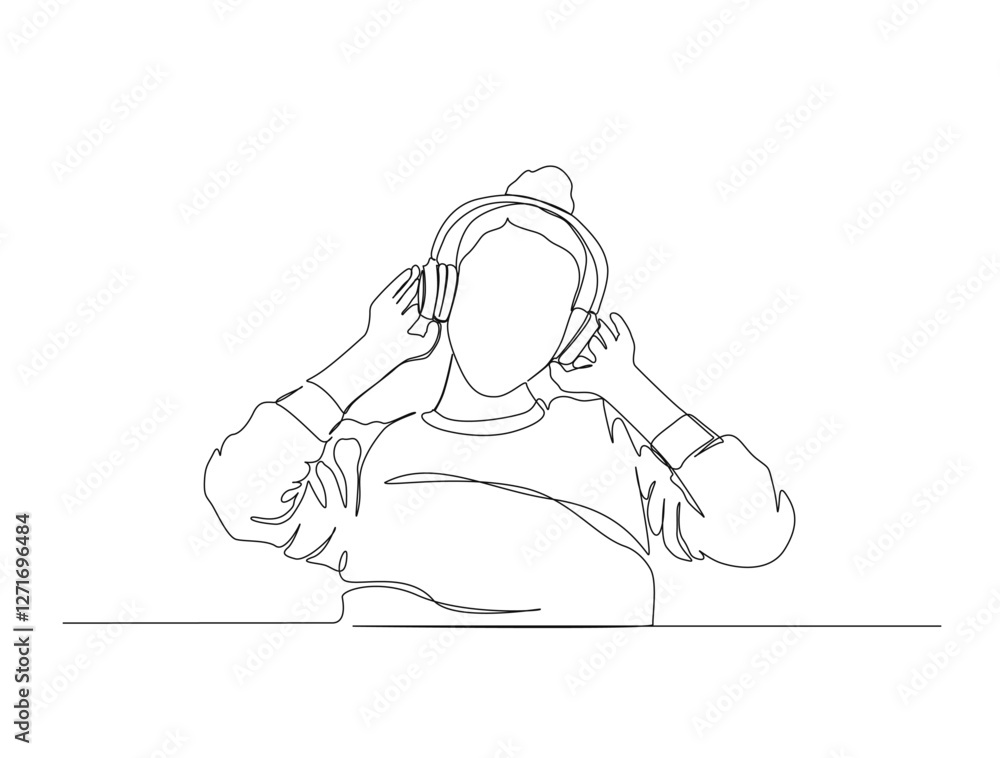 Continuous one line drawing of person wearing audio headphones. Woman listening music on Earphones single line draw illustration. Editable stroke. Continuous one line drawing of person wearing audio headphones. Woman listening music on Earphones single line draw illustration. Editable stroke.