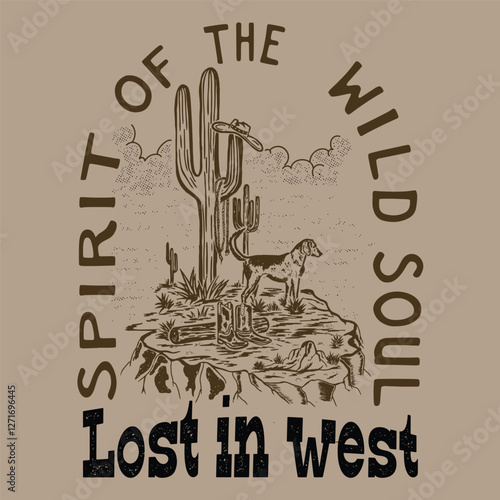 Vintage western wild west cowboys texas rodeo illustration print with retro typography slogan text for graphic tee t shirt sweatshirt hoodie and poster - Vector