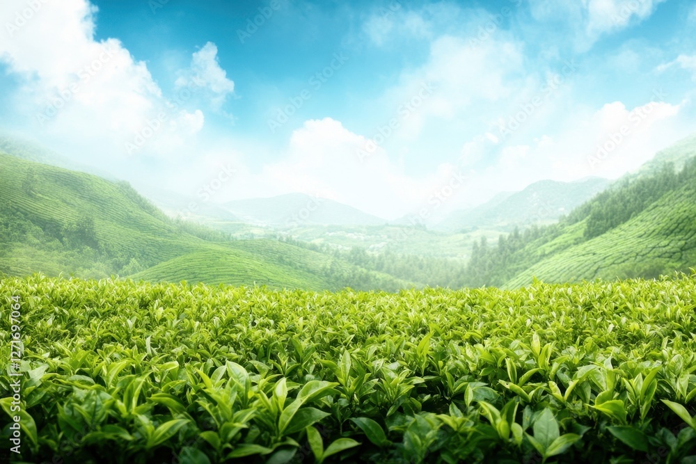 Lush green tea plantation rolling over hills, with a bright blue sky and soft white clouds Lush green tea plantation rolling over hills, with a bright blue sky and soft white clouds