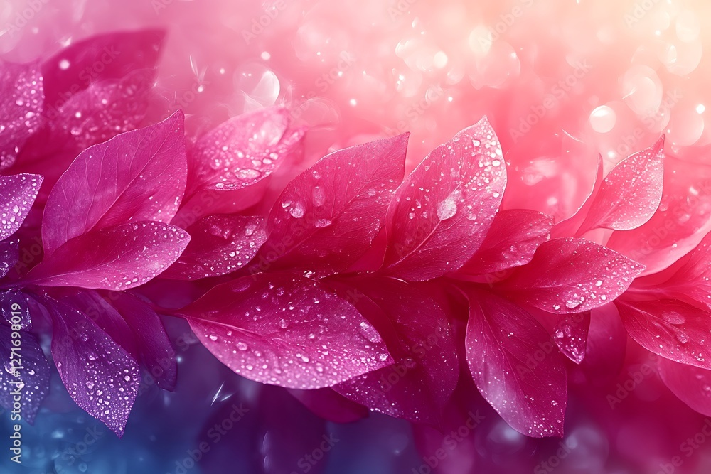 Fototapeta premium Vibrant close-up of pink and purple leaves with water droplets against a soft blurred background