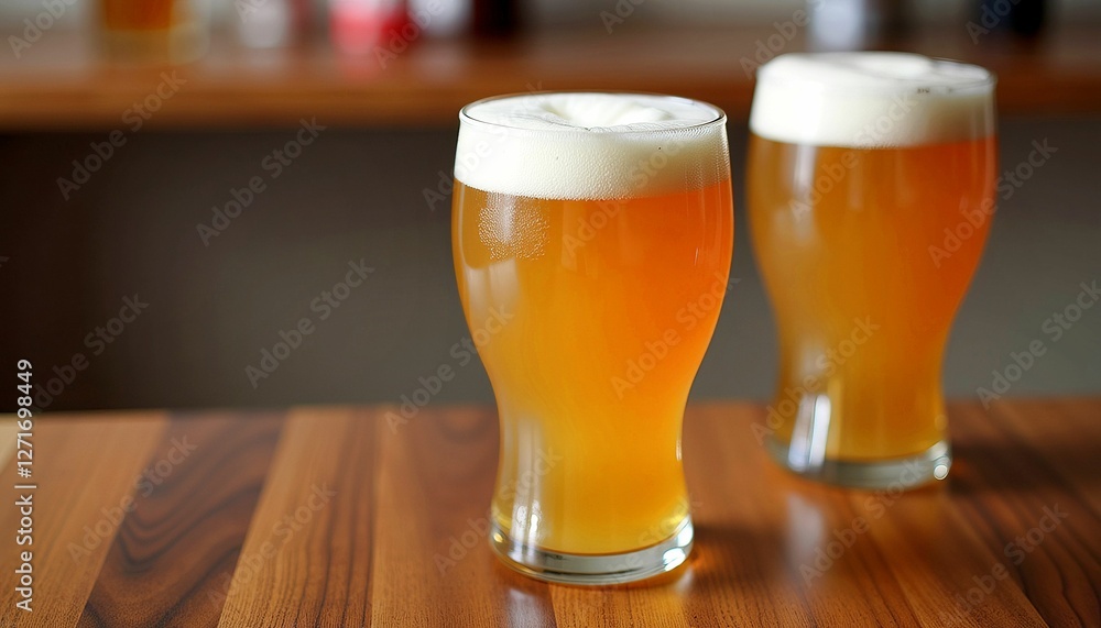 Fresh Craft Beer Glasses with Golden Lager on Wooden Table Fresh Craft Beer Glasses with Golden Lager on Wooden Table