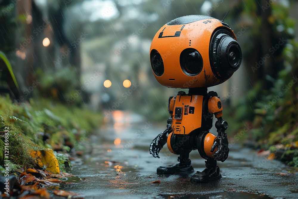 A whimsical robot ponders existence in a melancholic rainy landscape A whimsical robot ponders existence in a melancholic rainy landscape