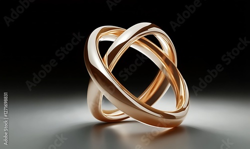 Elegant gold ring sculpture studio setting 3d render minimalistic design close-up view symbol of unity and love. A stack of five clasping gold bangle bracelets
 photo