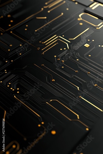 High-Contrast Design of Black Microchip with Gold Circuit Traces on Dark Glossy Surface for Premium Tech Feel