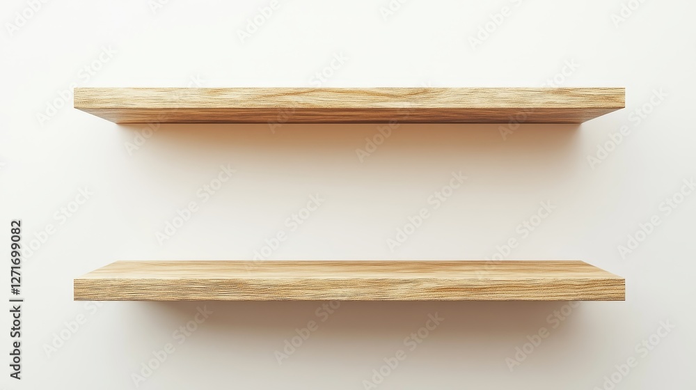 Wooden shelves with no items on a light-colored background. Made with digital tools. Wooden shelves with no items on a light-colored background. Made with digital tools.