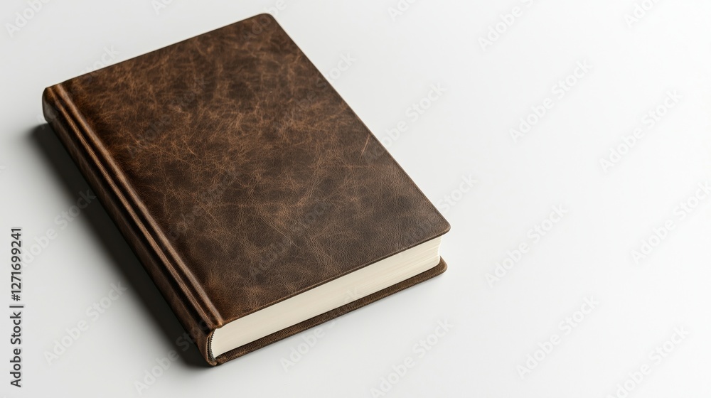 A brown leather bound book lying flat on a light background. A brown leather bound book lying flat on a light background.
