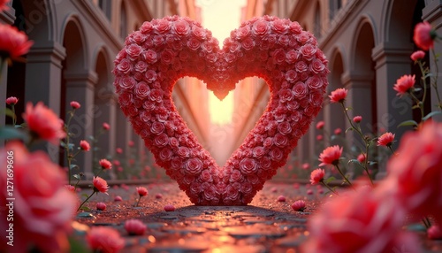 Heart Shaped Rose Arch with Sunset Light - Romantic Garden Setting