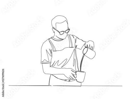 Continuous one line drawing of  barista pouring water to coffee, preparing drink. Barista making cofffee in single line draw illustration. Editable stroke.