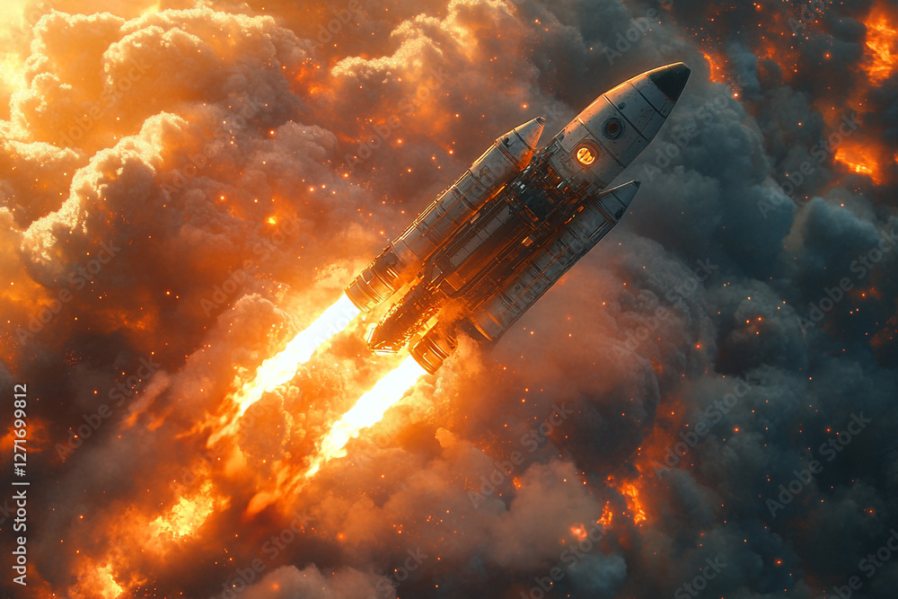 Obraz premium Rocket ascending through fiery nebula, symbolizing space exploration
