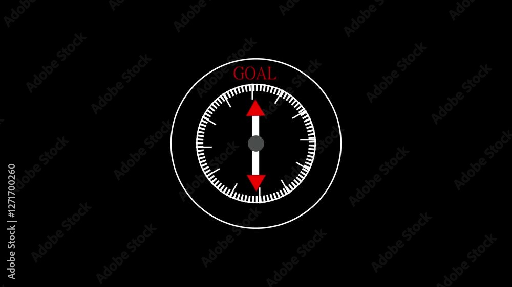 Goal text or word with a gauge arrow on a compass, representing guidance and direction animation on black background. Goal text or word with a gauge arrow on a compass, representing guidance and direction animation on black background.
