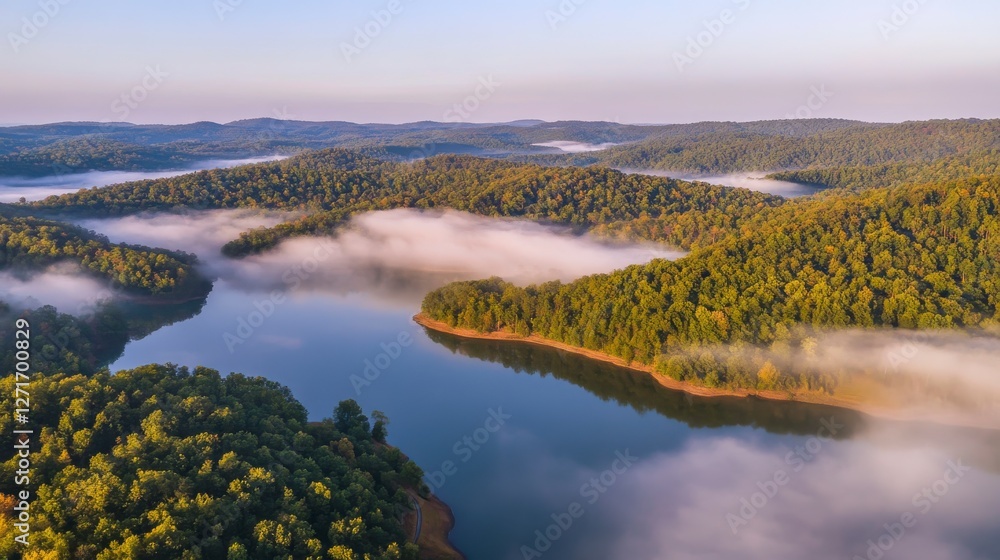Obraz premium Majestic Misty Morning Over a Serene Lake and Lush Forests