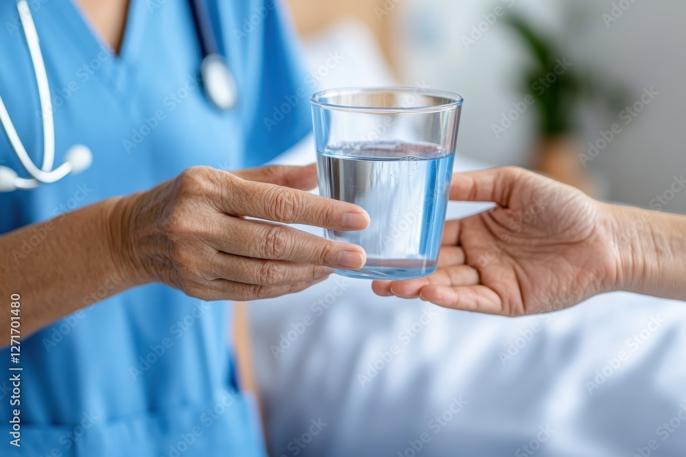 Nurse gives a glass of water to the patient in hospital, Healthcare professional assists a patient by offering water. Nurse gives a glass of water to the patient in hospital, Healthcare professional assists a patient by offering water.