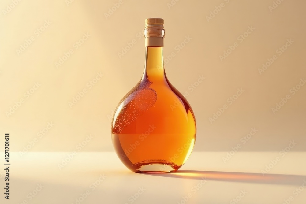 Amber liquid in a glass bottle with a cork stopper, illuminated by soft light on a neutral background Amber liquid in a glass bottle with a cork stopper, illuminated by soft light on a neutral background