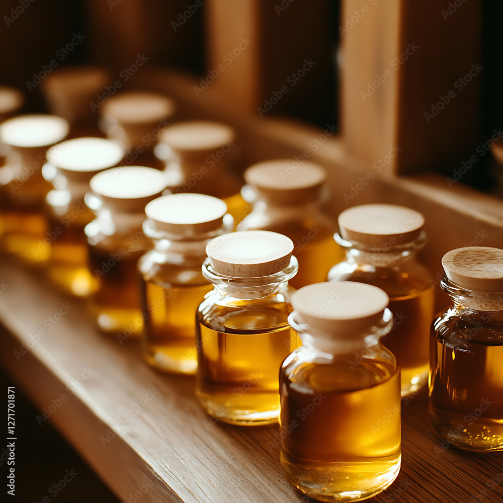 Bee Propolis Extract Bottles Lined Up on a Wooden Shelf Bee Propolis Extract Bottles Lined Up on a Wooden Shelf