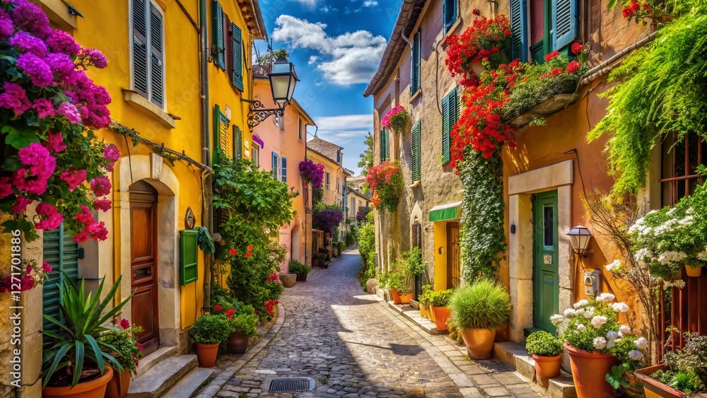 Fototapeta premium Colorful Cassis Alleyway, French Riviera Panoramic View - Charming Mediterranean Town