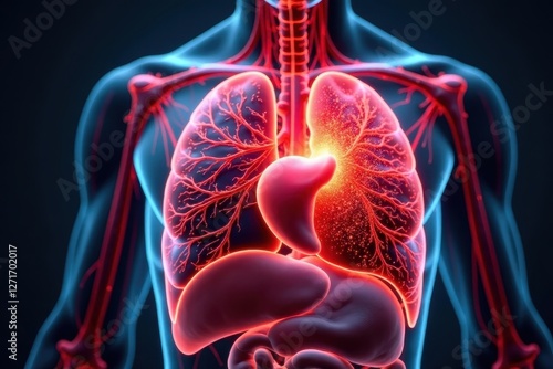 Anatomical rendering of human respiratory system with highlighted lung capillaries photo