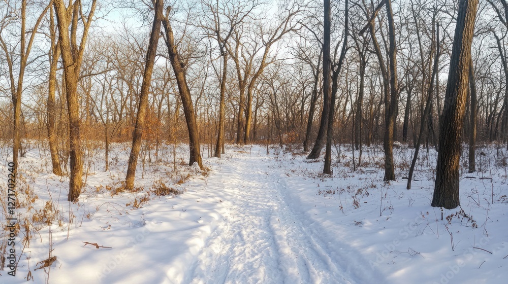 Snowy Winter Path Through a Sunlit Forest Snowy Winter Path Through a Sunlit Forest