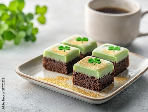 Delicious layered brownies topped with green frosting and shamrock decorations, served with a cup of coffee. Perfect for festive occasions.