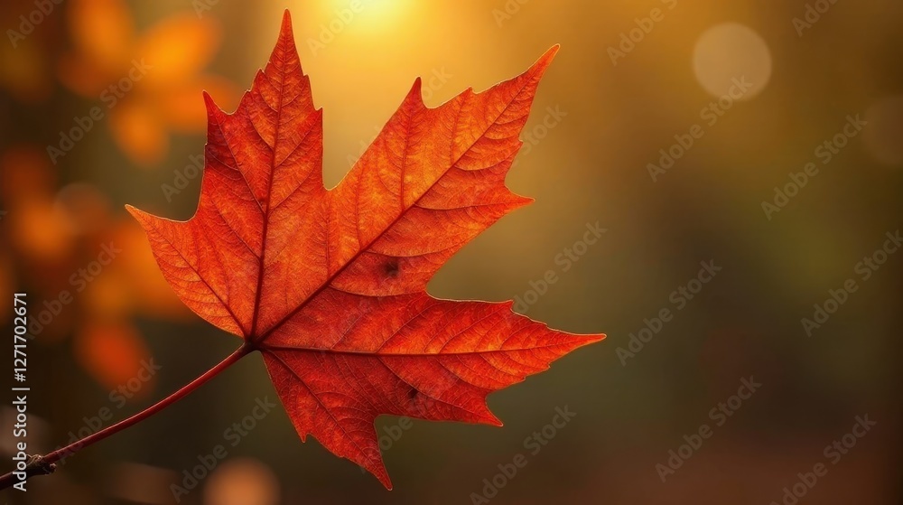 A single autumn leaf, vibrant orange and red, illuminated by the warm glow of the setting sun, exhibits intricate vein details against a softly blurred background of muted earth tones. A single autumn leaf, vibrant orange and red, illuminated by the warm glow of the setting sun, exhibits intricate vein details against a softly blurred background of muted earth tones.
