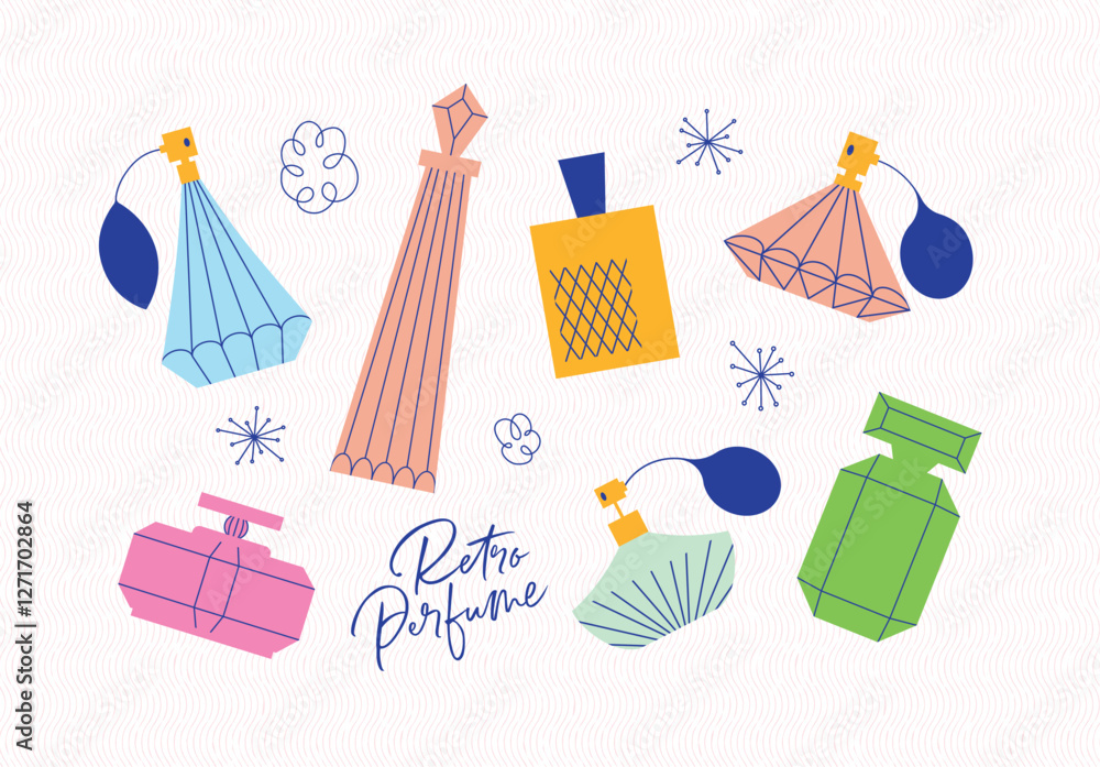 Perfume bottle collection drawing with color in retro style on light background