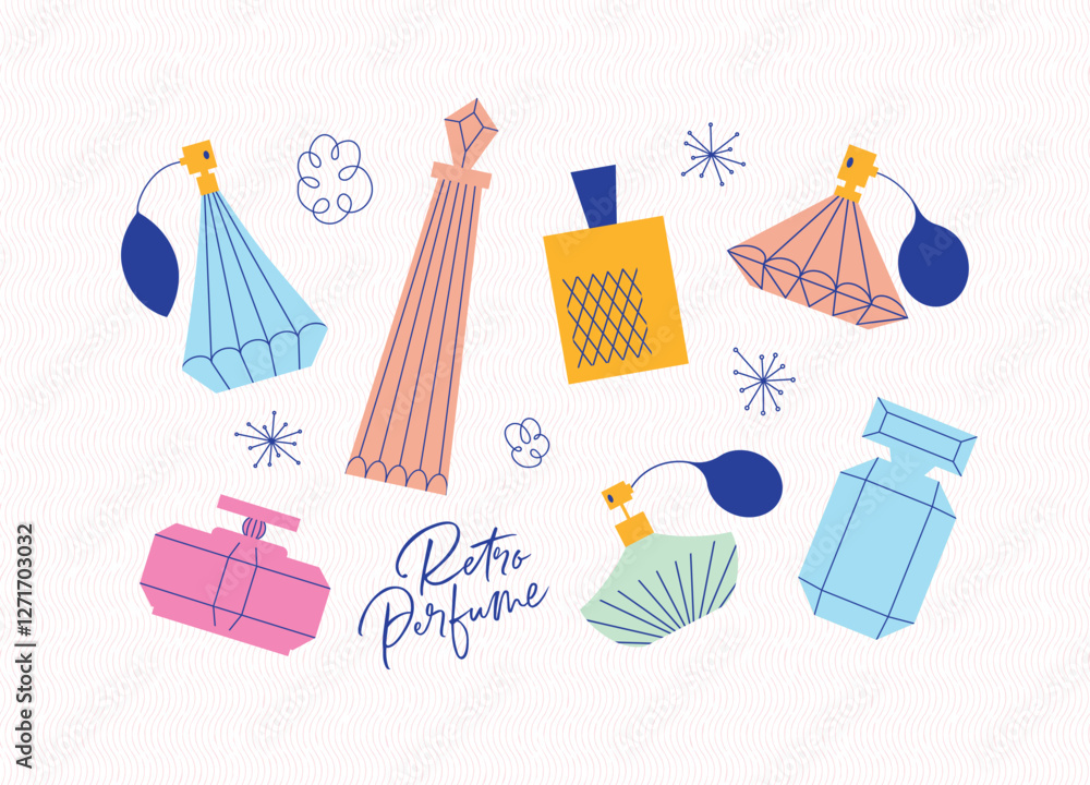 Perfume bottle collection drawing in retro style on light background