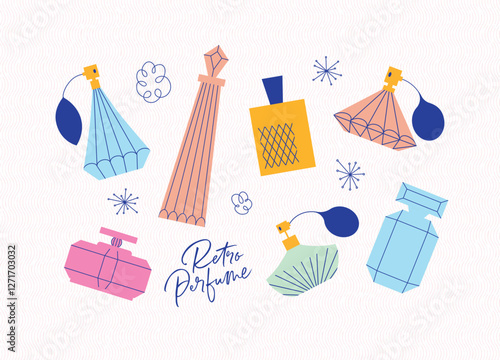 Obraz na płótnie Perfume bottle collection drawing in retro style on light background w salonie