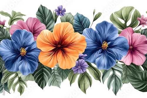 Wallpaper Mural Vibrant floral arrangement featuring hibiscus and lush green leaves on a white background Torontodigital.ca