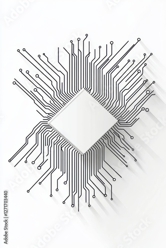 Minimalist Vector Line-Art Microchip with Fine Circuit Traces on White Background with Soft Shadows for Modern Look