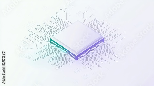 Minimalist Vector Line-Art Microchip with Fine Circuit Traces on White Background with Soft Shadows for Modern Look