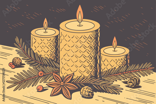   Cozy candlelight scene, warm glowing candles, rustic wooden table, pine branches, decorative ornaments, golden hues, soft focus, atmospheric lighting, holiday ambiance, intimate setting, textured ca