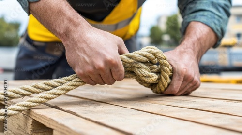 Close-up, worker's hands tying a knot in a thick rope on a wooden pallet, securing cargo. photo