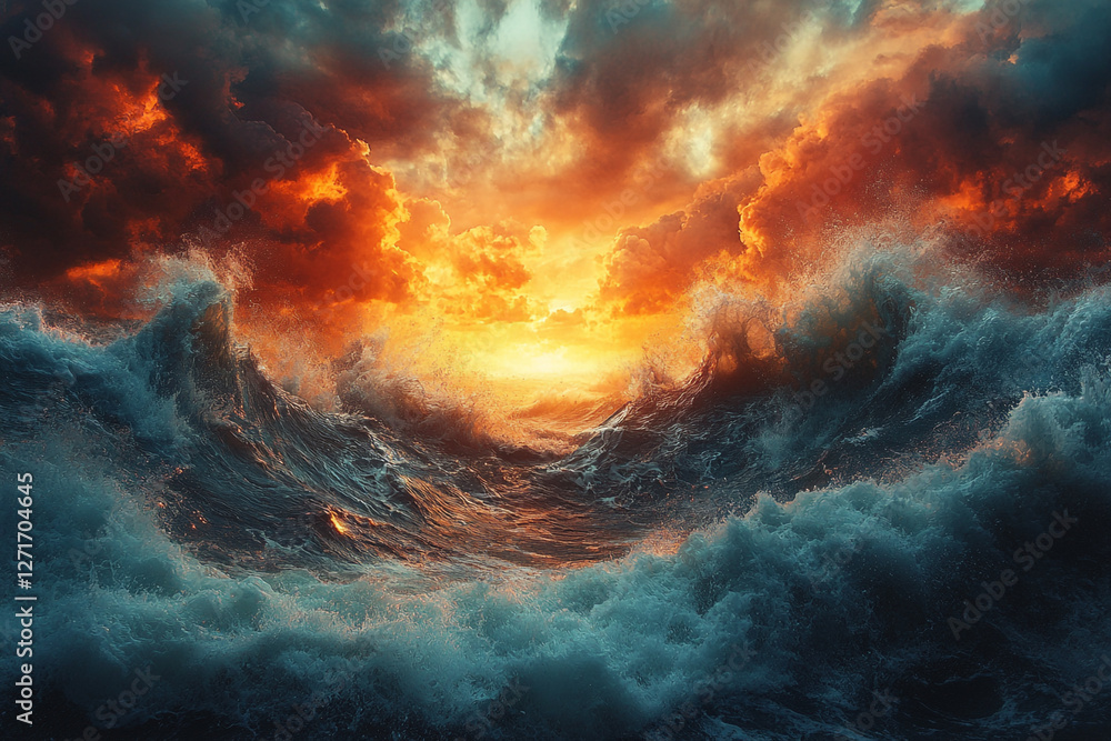Tempestuous Seas, A Dramatic Clash of Ocean Waves and Fiery Skies Tempestuous Seas, A Dramatic Clash of Ocean Waves and Fiery Skies