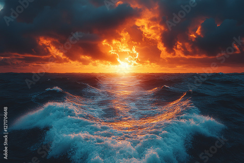 Crimson horizon illuminating the vast expanse of stormy oceanic waters