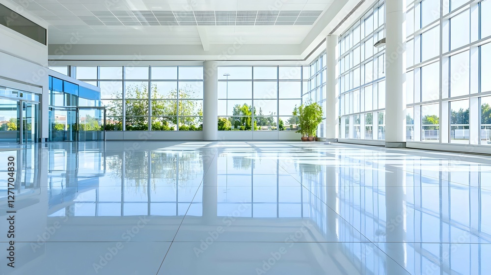 Bright Modern Office Lobby Interior with Reflective Floor and Large Windows Bright Modern Office Lobby Interior with Reflective Floor and Large Windows