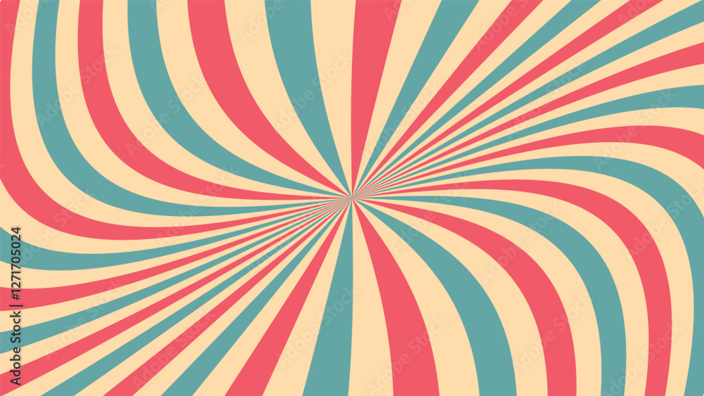 Sunray circus-inspired retro background with a radial vintage burst. Sunburst pattern featuring striped beams and starburst lines. Old poster-style vector illustration.