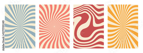 Groovy 70s hippie backgrounds featuring starburst rays, colorful funky waves, and vintage 60s psychedelic patterns. A set of twisted and distorted vector textures in a trendy retro Y2K aesthetic.