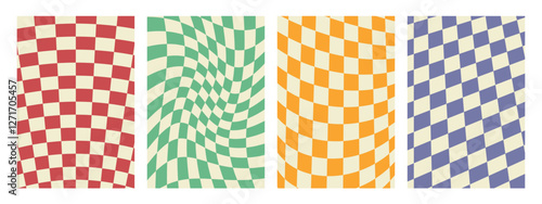 Groovy 70s hippie backgrounds featuring checkerboard,mesh, and wavy patterns.Retro 60s and 70s psychedelic design with a Y2K aesthetic. Gingham vector wallpaper collection, perfect for print templates