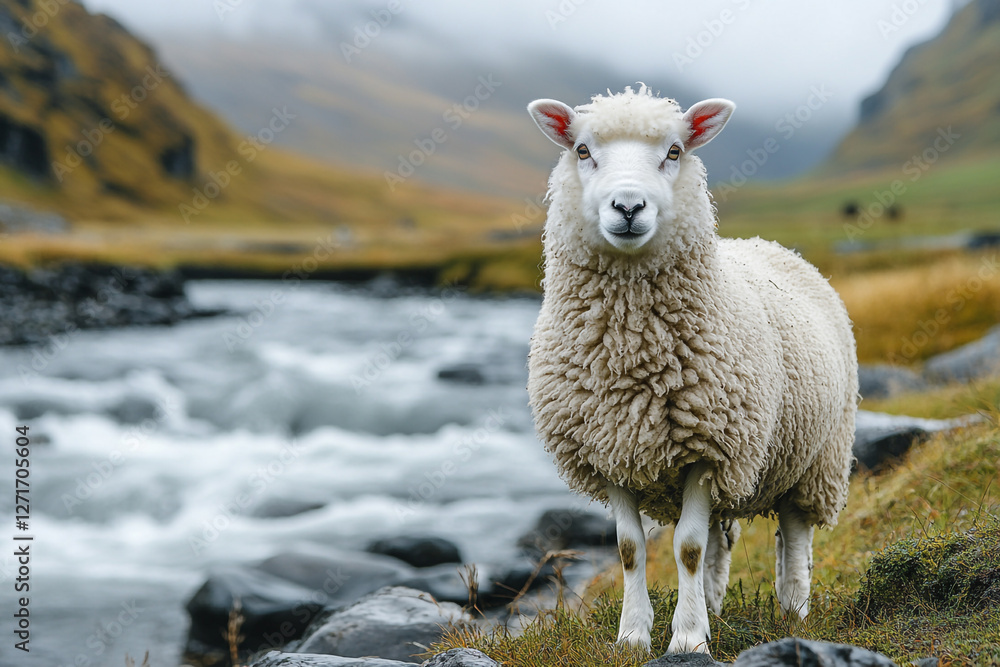 Fototapeta premium Icelandic Sheep Grazing by a Flowing River in a Misty Landscape